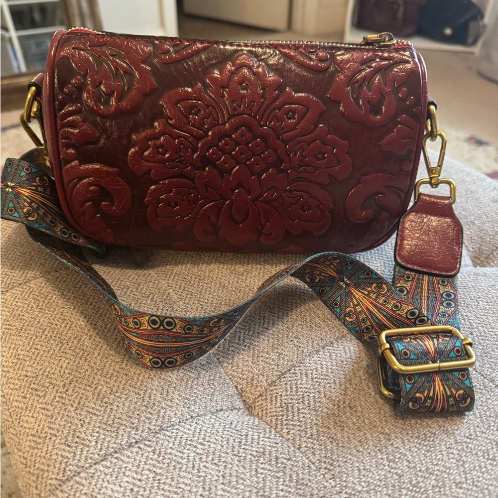 Embossed Leather Crossbody Bag - Burgundy